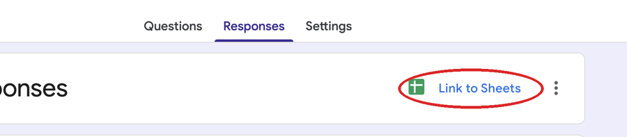 The Responses tab in Google Forms with the Link to Sheets button circled in red